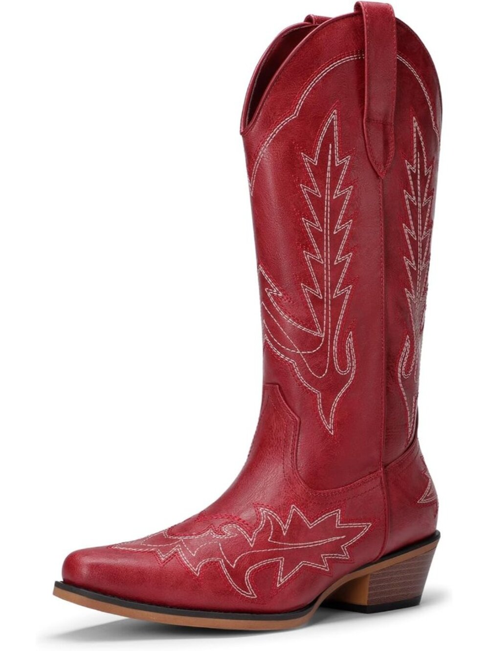 Women's Red Faux Leather Pointed Toe Western Mid Calf Low Chunky Heel Boots